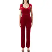 Endless Rose Bow Strap Sweetheart Neck Velvet Jumpsuit in Red at Nordstrom, Size X-Small