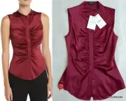 NWT THEORY Ruched Satin Fitted Button-Front Sleeveless Stretch Silk Top SzP $265