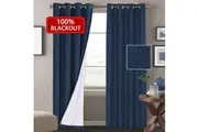 1 Pair 100% Blackout Curtains for Bedroom, 2x Blockout Curtains Pair Waterproof Linen Like Textured Indoor Curtains and Draperies Eyelet Top, Navy