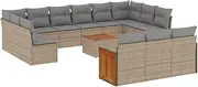 vidaxl 14 Piece Beige Poly Rattan Modular Garden Furniture Set - Cushioned Patio/Outdoor Sofa Set with Acacia Wood Table