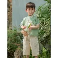 在飛比找ETMall東森購物網優惠-男童漢服夏季薄款兒童中國風套裝寶寶復古長亭刺繡唐裝六一演出服