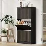 Oikiture Shoe Rack Storage Cabinet 3 Compartments Black