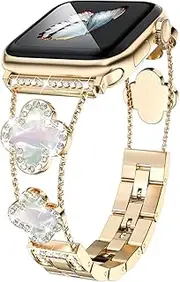 diamond metal band adds sparkle to your watch - Compatible with Apple Watch Series 8/7/6/5/4/3/2/1SE/Ultra - Clover is simple and stylish, fits women's sizes 38mm 40mm 41mm 42mm 44mm 45mm 49mm.(Gold/black, 42mm/44mm/45mm)…