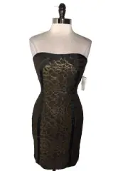 NEW AIDAN MATTOX Size 12 Sheath Dress Black Gold Shimmery Lace Strapless