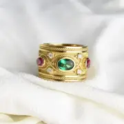 Gold Plated Wide Band Ring Emerald Ruby CZ Vintage Style Statement Jewelry Gift