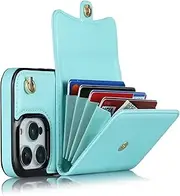 GoshukunTech for iPhone 13 Pro Max Case,Wallet Case Card Holders for iPhone 13 Pro Max,PU Leather Card Slots Phone Cover Kickstand Feature with Strap Wrist, Crossbody Lanyard [Blue-Green]