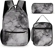 [HETVBNS] Light Black Marble Backpack Set 3 Piece, Durable Backpack Insulated Lunch Bag Portable Pencil Case for Men Women