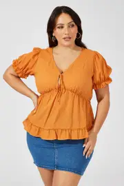 Brown Smock Top Short Sleeve Tie Front