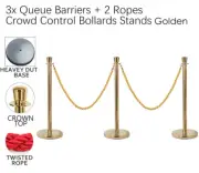 3x Queue Barriers + 2 Ropes Crowd Control Bollards(GOLD POLE + GOLD ROPE)