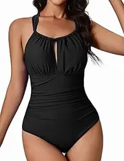 [AI'MAGE] One Piece Swimsuits for Women Bathing Suits Tummy Control Vintage Slimming Ruched Padded Tie Back Swimwear S-XXL