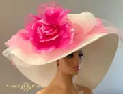 Kentucky Derby Hat White Cream Hot Pink Big Rose Del Mar Royal Ascot Easter Hat