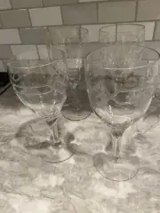 Vintage Antique Etched Crystal Clear Glass Wine Glasses Set Of 4 NEW