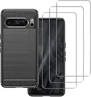 [carinacoco] Case for Google Pixel 8 Pro with 3 Tempered Glass Screen Protector, Soft TPU Carbon Fiber Texture Shockproof Bumper Anti-Drop Rugged Cover, Ultra Slim Anti-Scratch Phone Case, Black