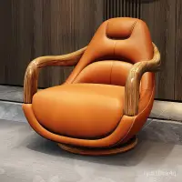 在飛比找蝦皮購物優惠-【廠傢直銷 免稅】烏金木新中式休閒椅實木真皮旋轉單人椅設計師