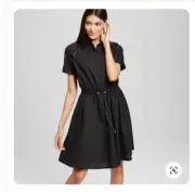 Women's Cinched Waist Woven Shirt Dress with Mesh Collar Black size S