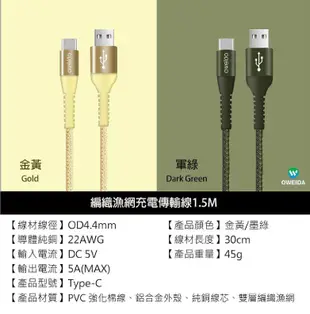 OWEIDA Type-C 5A編織 快充線 充電線 傳輸線 30cm 適 iPhone 15 Plus Pro Max