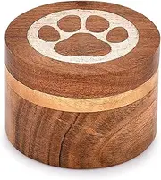 Acacia Wood Decorative Urns Round Shape White Paws Design Urn for Ashes for Dogs, Pet Urns for Cats (8.89cm x 8.89cm x 6.35cm)