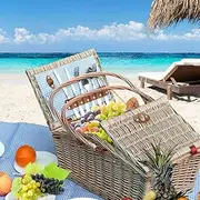 4 Person Picnic Basket Baskets Set Outdoor Blanket Willow Deluxe Folding Handle