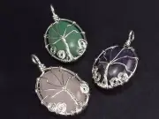 Set of 3 Natural Gem Green Aventurine Rose Quartz Amethyst Pendant Tree of Life