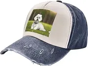 [YANYU] Cute Bichon Frise Dog Print Fashion Washed Distressed Baseball Cap Vintage Adjustable Hat with Classic Brim, Navy Blue, One Size