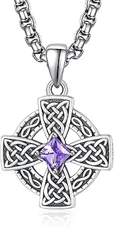 [ADMETUS] Birthstone Celtic Cross Necklace 925 Sterling Silver January-December Cross Necklace for Men Irish Jewelry Birthstone Gifts for Men with 2.5mm 22"+2" Rolo Chain