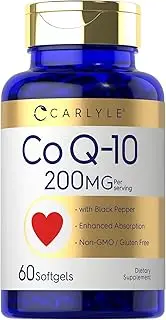CoQ10 200mg Softgels | 60 Count | with Black Pepper | Enhanced Absorption | Non-GMO, Gluten Free | by Carlyle