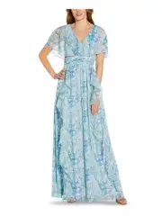 ADRIANNA PAPELL Womens Light Blue Lined Cape Overlay Short Sleeve Gown Dress 4