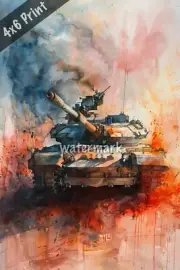 US Army tank in combat watercolor Art 4x6 Print