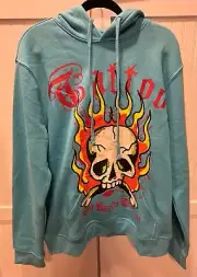 NWT Ed Hardy Sweatshirt Hoodie mens Sz Med Skull retro flames kangaroo pocket