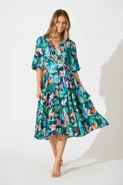 Copenhagen Midi Dress Half Sleeve in multicolor Teal with Multi Leaf Print 8