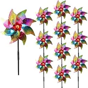 10 Pieces 21 Inches Rainbow Reflective Pinwheels with Stakes Windmill Wind Spinners Outdoor for Yard Garden Lawn Farm Decor Bird Repellent, Large Plastic Foil Pin Wheels for Birds Animal Deterrent