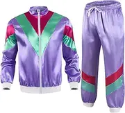 [FEESHOW] Women 2 Pcs 80s Disco Outfits Long Sleeve Jacket Zip Up with Pants Set Fitness Sportswear