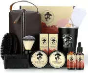 Beard & Mustache Care Kit Gift for Men - Grooming Kit Oil Balm Brush Tumbler Bag