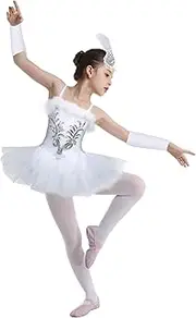 [Yruioon] Girls Sequin Beads Ballet Dance Tutu Dress Leotard Swan Ballerina Costume Dancewear with Gloves Hair Clip Set