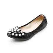 Nevenka Women Flat Shoes Flower Rhinestone Sparkly Slip Ons Shoes-Black3