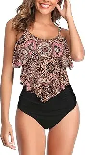 [American Trends] Bathing Suits for Women High Waisted Bikini Sets Ruffled Tank Top Tankini Swimwear Tummy Control Swimming Suit 10 Brown Black 6-8