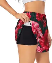 [GaxfjRu] Red Pink Flowers Print Women's Running Shorts High Waisted Running Shorts Pocket Sporty Gym Elastic Short