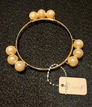 "g. comet" Gold Tone Metal Bangle Large Faux White Pearl Bracelet Vintage New