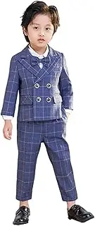 [Kromoc] Boys' Checked Suit Peak Lapel Double Breasted Jacket Vest Pants 3-Piece for Graduation Party