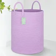 Large Cotton Rope Laundry Hamper 65L, Baby Nursery Hamper Bin with Handles, Woven Storage Basket for Living Room Bedroom, Tall Blanket Basket for Storage Toys Clothes Towels, 16”x 20”, Purple