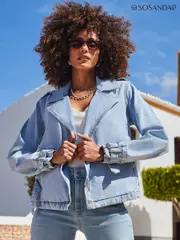 Sosandar Blue Denim Biker 100% Cotton Jacket (E86851) | $173