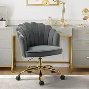 HULALA HOME Velvet Home Office Chair with Gold Base, Womans Modern Cute Shell Back Upholstered Desk Chair for Vanity, Adjustable Swivel Task Chair for Living Room, Grey