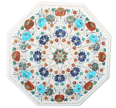 Octagon Marble Coffee Table Top with Gemstones Inlay Work Patio corner Table Top