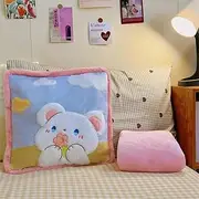 [NXSM] Travel Blanket and Pillow Set, 2-in-1 Cute Rabbit Bear Plush Stuffed Hugging Pillow with Warming Hands on Both Sides,Suit for Airplane Train Travel,Camping or Office (Bear)