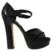 Dolce&Gabban Women Black Sandals Polyester Sequined High Heels Shoes Size EUR 38