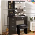 LED Dressing Mirror Makeup Table with Stool Drawer Black Bedroom Vanity Unit Set