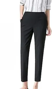 [Generic] Women Elastic High Waist Cropped Pants Basic Comfy Straight Leg Trousers Casual Work Trouser Pants with Pockets
