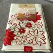 Holiday at home poinsettia fabric tablecloth 52” X 70” oblong, white, red, green