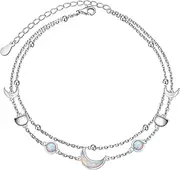[Flyow] Moon Phase Moonstone Anklets for Women S925 Sterling Silver Foot Beaded Boho Summer Layered Large Ankle Bracelet Beach Birthstone Jewelry, Metal, moon phase