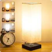 Bedside Small Table Lamp for Nightstand, 3-Color Options Solid Wood Lamp with Fabric Shade, Minimalist Desk Reading Lamps for Kids Room, Living Room,Bedroom, Office Dorm (LED Bulb Included)